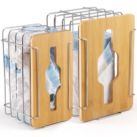 YAFFWA 2 Pack Trash Grocery Bag Holder Wall Mounted Design, Silver Extra Large Plastic Garbage Bag Dispenser Holder with Bamboo Lid, Kitchen Organizers and Storage Container Under Sink Large Capacity