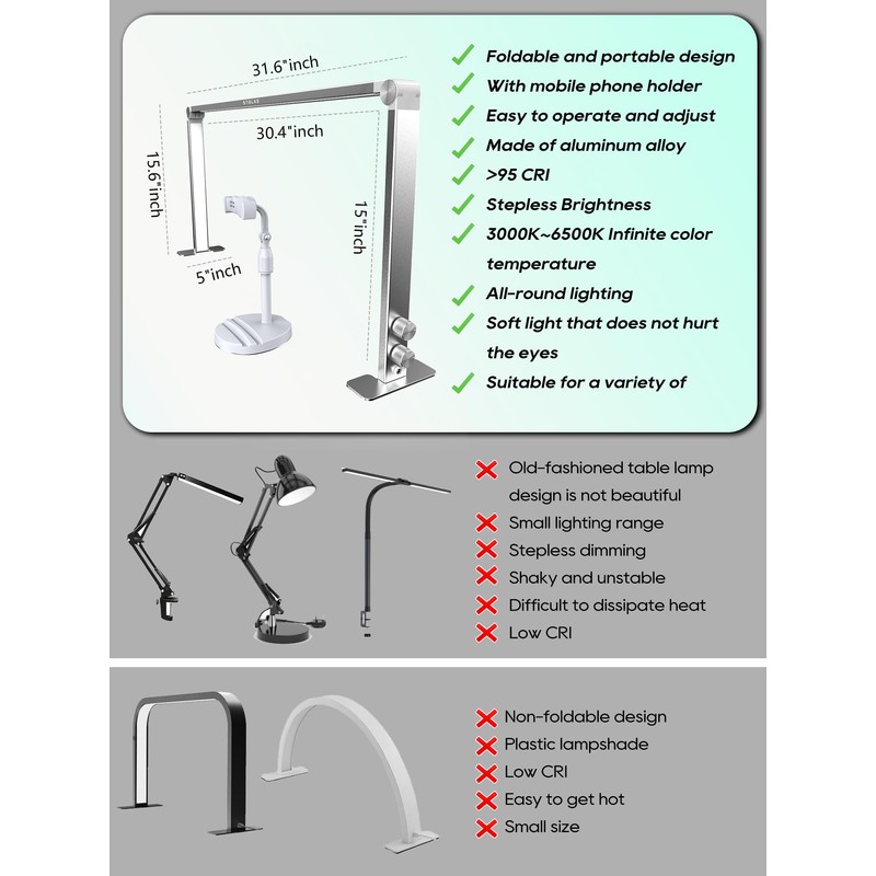STOLAS Nail Tech Lamp for Desk, 4000K-6000K Dimmable LED Manicure