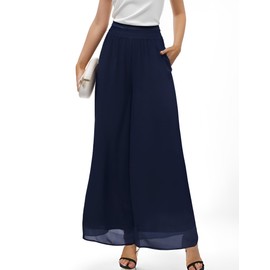Cnlinkco Womens Wide Leg Pants Work Formal Elegant Flowy Pants Beach Casual Chiffon Palazzo Pants Deep Blue L