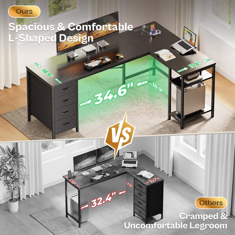 Huuger 63 Inch L Shaped Desk with Fabric Drawers, Reversible