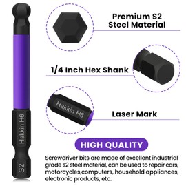 Allen Key Bit Set Hakkin 12Pcs Ball End Allen Hex Key Set S2 Steel 1/4” Hex Shank Magnetic Allen Wrench Screwdriver Bits 65mm Phosphating Treatment Purple H2-H12 for Assembling Furniture