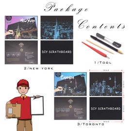 Scratch Rainbow Painting Art Paper,Scratch & Sketch Art for Kids & Adults,Scratch Painting Creative Gift Engraving Art & Craft Set,Sketch Pad DIY Scratchboard with 4 Tools,16''x11''(New York&Toronto)