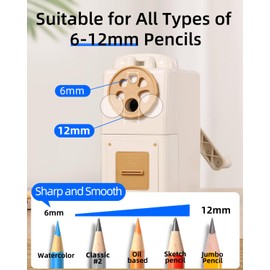 ZMOL Manual Hand Crank Pencil Sharpener for Color Pencil,6 Sizes for 6-12mm Colored Pencil Sharpener Handheld with Adjustable Point,Kids, Students, Classroom, Home/Office/School Hand Held White