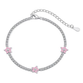 AOBOCO Flower Tennis Bracelet 925 Sterling Silver Cubic Zirconia Adjustable Bracelet Birthday Gifts for Her Women (Pink)