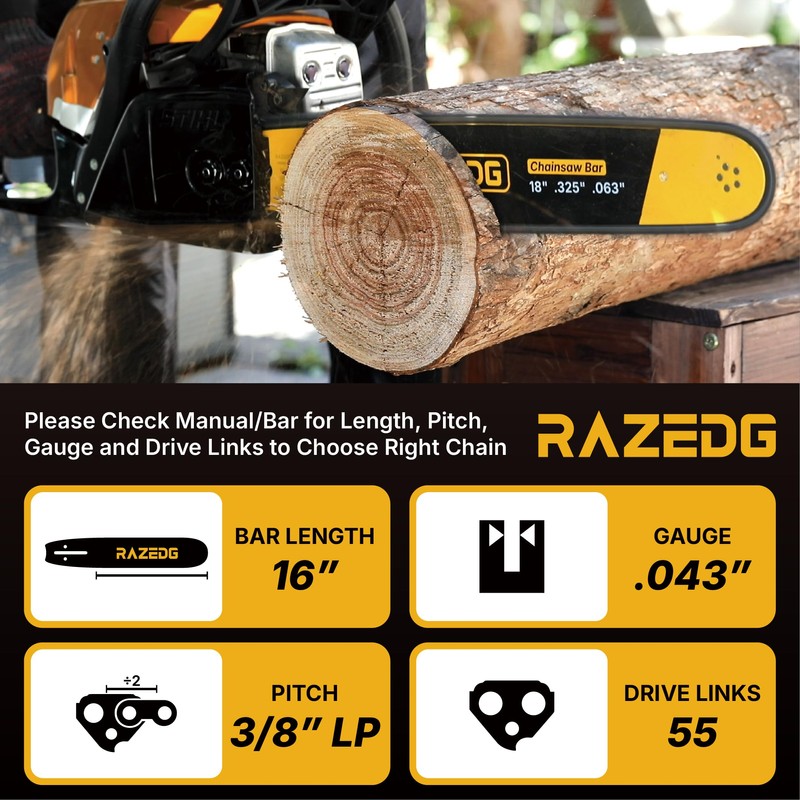 RazEdg 16 Inch Carbide Chainsaw Chain, 3/8" LP Pitch, .043"