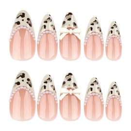 Almond Press on Nails Medium Fake Nails French Tip False Nails with Leopard print Designs 3D Bow Brown Cute Sparkly Glue on Nails for Women 24pcs