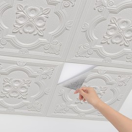 Ceiling Tiles Peel and Stick Foam, 16 Pcs Covered 21 Sq.Ft, 3D Wall Panels Peel and Stick Floral Look, Easy to Install and Cut for Ceiling and Interior Wall Decor, Plain White（13.8 x 13.8 inch）
