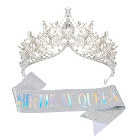 AOPRIE Birthday Queen Sash Headbands for Women Birthday Tiara & Crowns for Girls Happy Birthday Accessories Favor Supllies Silver, 2 Pack