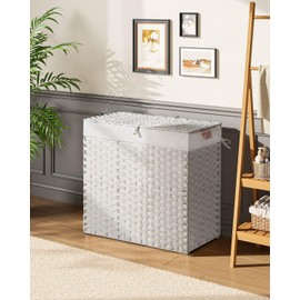 Greenstell Laundry Hamper with lid, No Install Needed, 130L Wicker Laundry Baskets Foldable 2 Removable Liner Bags, 2 Section Clothes Hamper Handwoven Rattan Laundry Basket with Handles, White