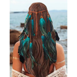 GORTIN Boho Feather Headband Hippie Headpiece Gypsy Indian Costume Headdress Hair Accessory for Women (A-Blue, One size)