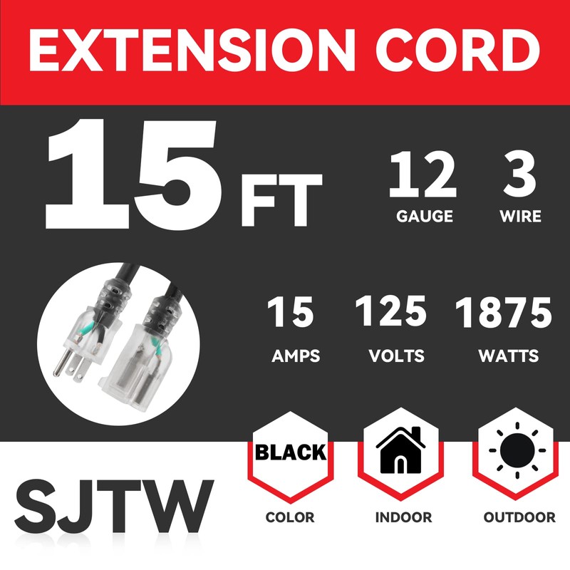 EP 15 Ft Lighted Outdoor Extension Cord - 12/3 SJTW