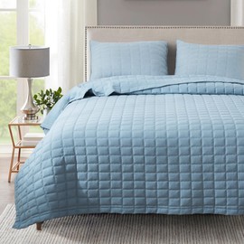 KASENTEX Quilt-Bedding-Coverlet-Blanket-Set, Machine Washable, Ultra Soft, Lightweight, Stone-Washed, Detailed Stitching - Solid Color (Grey Blue, Oversized King + 2 King Shams)