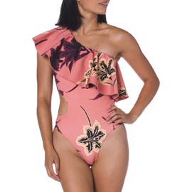 Derek Lam 10 Crosby Women's Standard Asymmetric Cut Out Ruffle Maillot One-Piece Swimsuit, Terracotta, Medium