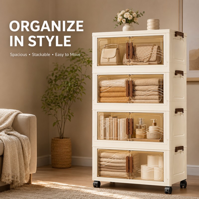 Beige Plastic Stackable Storage Box with Lid and Wheels for