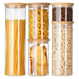 GENICOOK Borosilcate Glass Canister Set with Eco-Friendly, Cereal containers storage，Easy to Open Natural Bamboo Lids - 10 pc set (5 Glass Containers, 5 Bamboo Lids) Circular