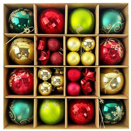 44 PCS Christmas Ball Ornaments, Christmas Baubles for Christmas Tree Decorations Delicate Xmas Theme Painting Glittering Pendants Ornaments, Red Gold Green