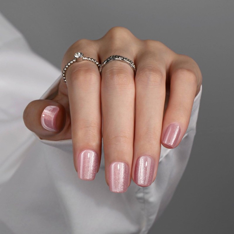 Light Pink Press On Nails Short Square,Glitter Fake Nails Acrylic