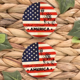 4th of July Ceramic Car Cup Holder Coasters Set of 2- Patriotic Statue of Liberty & American Flag Design, Absorbent Auto Drink Coasters, 2.6 Inch Universal Fit