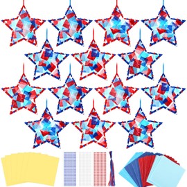 Yaomiao 30 Set Memorial Day Patriotic Suncatchers Paper Crafts Kit 4th of July DIY Star Shaped Stained Glass Effect Tissue Paper Hanging Decor Gift for Fourth of July Independence Day