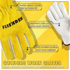 FEISHDEK Heavy Duty Cowhide Leather Work Gloves for Men, Truck Driver Gloves, Keystone, Abrasion Resistant and Flexible (Yellow 1 Pair, X-Large)