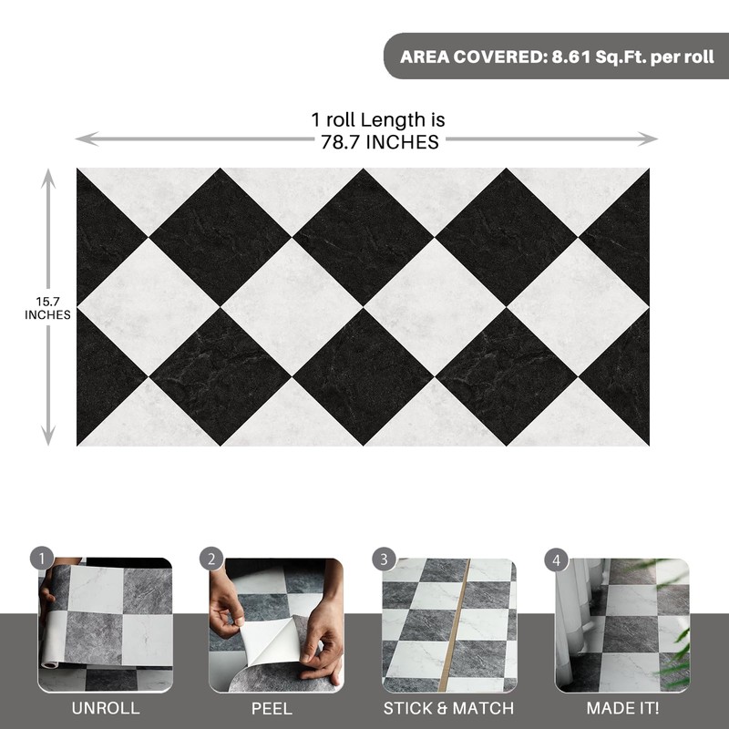 auxua Black Vinyl Marble Flooring Roll – Small Size (15.7”