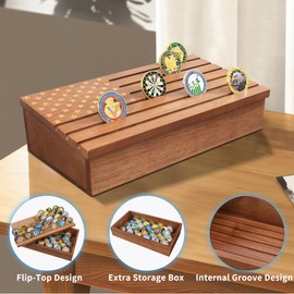 TJWZXX Challenge Coin Display Case, 12 Rows Solid Wood Military Coin Holder Rack Holds 69 Coins with Removable Lid, Army Coin Display Box with American Flag, Walnut