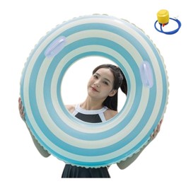 wemitas Swim Ring for Adults and Children, 39.4 inches (100 cm), 47.2 inches (120 cm), Large Float, Includes Handheld, Air Pump Correction Tape Set (Stripe, Blue, 47.2 inches (120 cm)