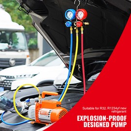 Happybuy 1/5 HP 3.5 CFM AC Vacuum Pump & Manifold Gauge Set, Single-Stage Rotary Vane HVAC Refrigerant Kit, 3-Color Hose, Carry Bag, Compatible with R134a, R1234yf