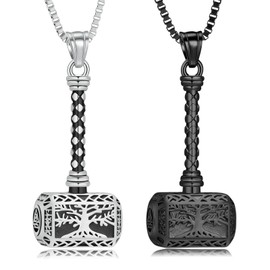 XSMZB Viking Thor Hammer Cremation Jewelry for Ashes Tree of Life Hammer Keepsake Ashes Necklace for Human Pet Funeral Memorial Pendant(Silver+Black)