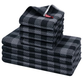 homing Buffalo Plaid Kitchen Towels and Dishcloths Set, 12" x 12" and 13" x 28", Set of 8 Bulk Cotton Waffle Weave Dish Towels, Super Soft Absorbent Hand Towels for Kitchen, Grey & Black