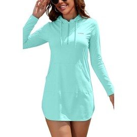 SHEKINI Damen Rashguard Shirt mit Kapuze Langarm Sonnenschutz Schnelltrocknend Badeshirt mit Taschen Surf Schwimmen Bademode Badeanzug