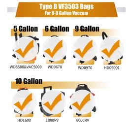 For Ridgid Shop Vac bags 6-9 Gallon, ALYYDBG 5 Pack Size B VF3503 Sturdy Double Layer Vac Filter Bags