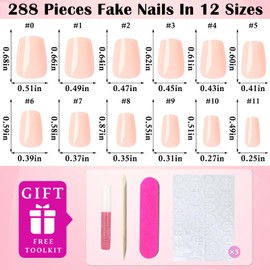 LoveOurHome 288pc Coffin Press on Nails Short Fake Nails with Glue Tabs, Nude Glue on Nails Press on Nails Women Acrylic Nails XS Coffin Fake Nails Short False Nails Girls Kids Artificial Fingernail
