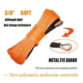 WANLIAN 3/8'' x 50ft Synthetic Winch Rope 1cm x 15m Nylon Winch Rope 25000LBS Synthetic Winch Line Cable Rope for 4WD Off Road, ATV UTV SUV Winches Synthetic Rope (Orange) (3/8'' x50ft)