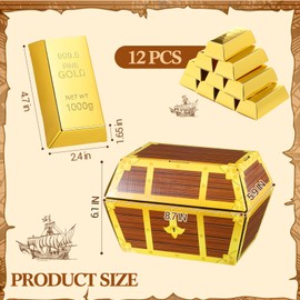 Honoson 13 Pcs Gold Party Decoration Boxes 12 Foil Fake Gold Bars and 1 Pirate Chest Cardboard Box Pirate Party Favor Boxes for Casino Theme Parties Supplies Prizes Gift
