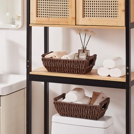 OIAHOMY Small Storage Baskets, Paper Rope Wicker Organizers with Wooden Handles, Baskets for Organizing, 2-Pack, Brown