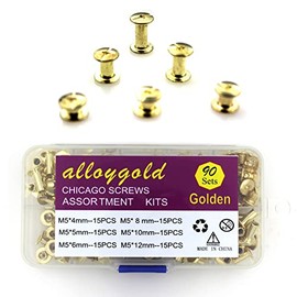 90 Sets Gold Chicago Screws Leather Assorted Kit ，6 Sizes of Screw Rivets for Leather Rivet for DIY Leather Craft and Bookbinding (M5 X 4, 5, 6, 8, 10, 12)