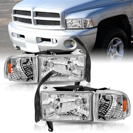 4Pcs Headlight Assembly for 94-01 Dodge Ram 1500/94-02 Dodge Ram 2500 3500 2nd Gen Pickup Replacement w/Corner Light Chrome Housing