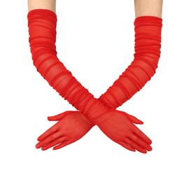 QRBTSCL Women's Stretchy Super Long Tulle Gloves Ruched Opera Mush Semi Sheer Gloves for Evening Party Red