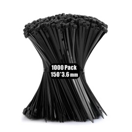 Viuxule Cable Ties 1000pcs, 3.6x150 mm Zip Ties Black, 6 inch Industrial Nylon Tie Wraps UV-Resistant, Plastics Self-Locking Strength 18 kg for Gardening, Home, Office, Workshop, Indoor and Outdoor