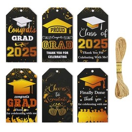 BEISHIDA Class of 2025 Graduation Gift Tags, Black&Gold Graduation Cap Gift Paper Tags, 6 Patterns Congrats Grad Hanging Labels for Bags, DIY Crafts Party Favor Supplies-60PCS