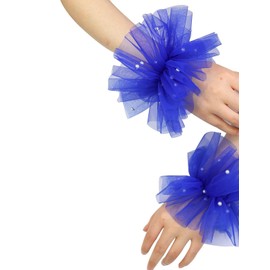 Women's Mesh Tulle Fingerless Gloves Short Pearl Glove Lace Arm Sleeves for Wedding Bridal Dance Party Navy Blue