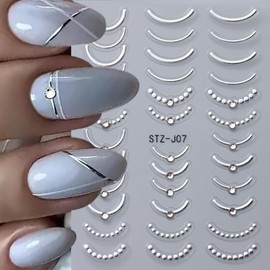 6 Sheets French Stripe Line Nail Stickers Silver Black Line with Rhinestones,Metallic Stripe Lines Adhesive Design Nail Supplies French Tip Sticker for Women Luxury Manicure Decorations