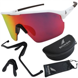 BIGWAVE 906 Sports Glasses Quick Glasses Cycling Glasses Sunglasses for Men and Women UV400 with Red Interchangeable Lens in Shield Design Anti-Fog Coating (White/Red Lenses)