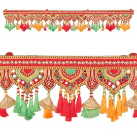 Decorative Toran Door Hanging Artificial Velvet Cloth Bandanwar Beads Leaf Design Wall Hanging for Entrance Window Home Temple for Indian Traditional Ganesha Festival Decoration(Size:-35"X7")(Red)