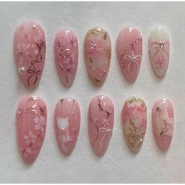 30Pcs Pink Press on Nails Medium Almond Fake Nails Gilding Cherry Blossoms Bow Designs Full Cover Spring Summer Nails Cute Cat Stick on Nails Handmade False Nails for Women Girls Acrylic Nails Decor