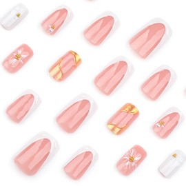 Flower Press on Nails White and Gold Fake Nails 3D Square False Nails Press ons with Designs,Reusable Artificial Nails Glossy Full Cover Stick on Nails for Women Manicure 24 Pcs