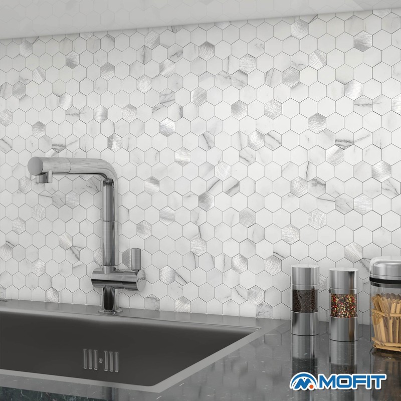MOFIT Hexagon Peel and Stick Backsplash Tiles Kitchen,Self-Adhesive Metal and