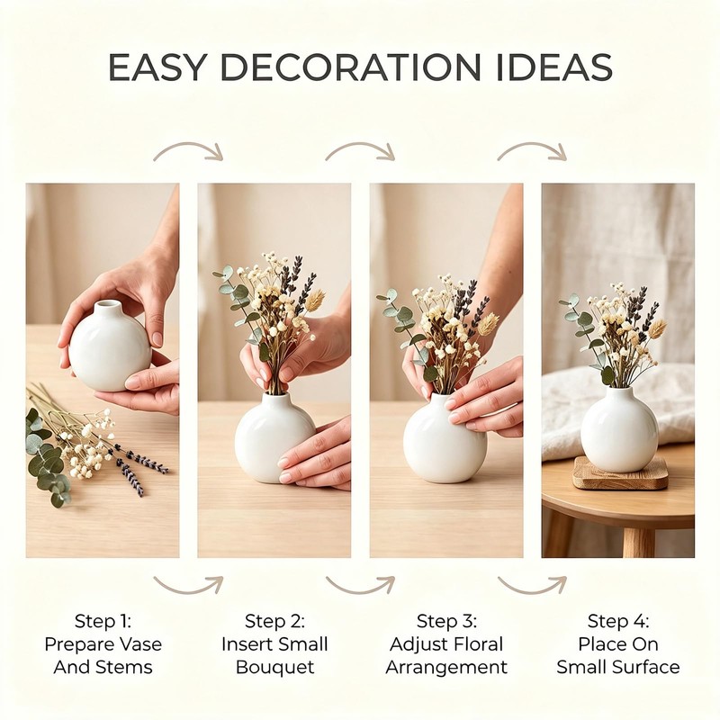 Mini White Ceramic Bud Vase Flat Round Glossy Table Decor