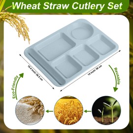 Pinkunn 12 Pcs 14'' Large Divided Plates Unbreakable Wheat Straw Lunch Trays 6 Compartments Cafeteria Trays Microwave Dishwasher Safe Food Separator Plates (Cool Color)